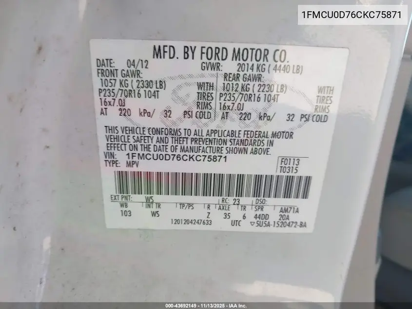 1FMCU0D76CKC75871 2012 Ford Escape Xlt