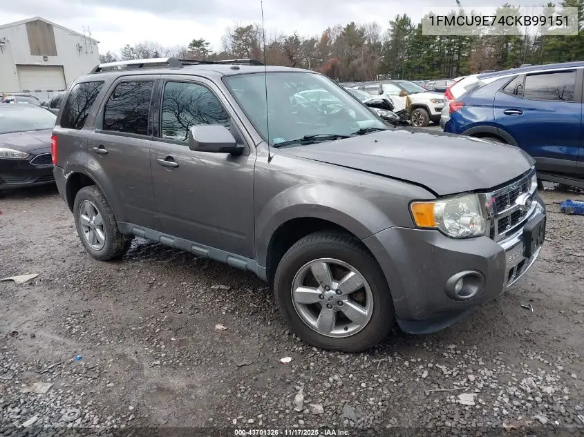 1FMCU9E74CKB99151 2012 Ford Escape Limited