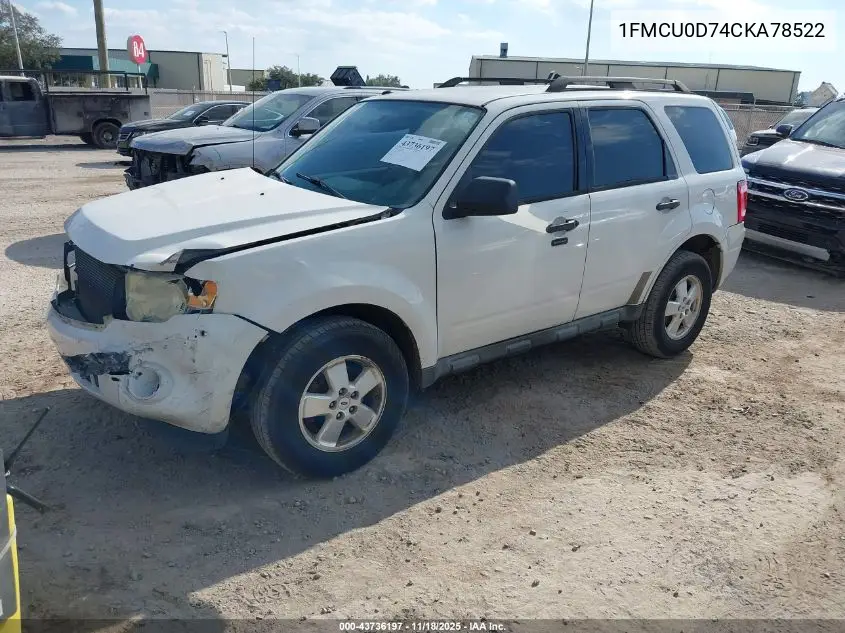 1FMCU0D74CKA78522 2012 Ford Escape Xlt