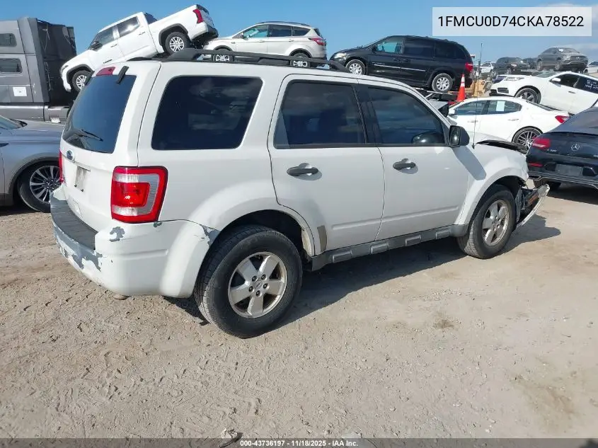 1FMCU0D74CKA78522 2012 Ford Escape Xlt