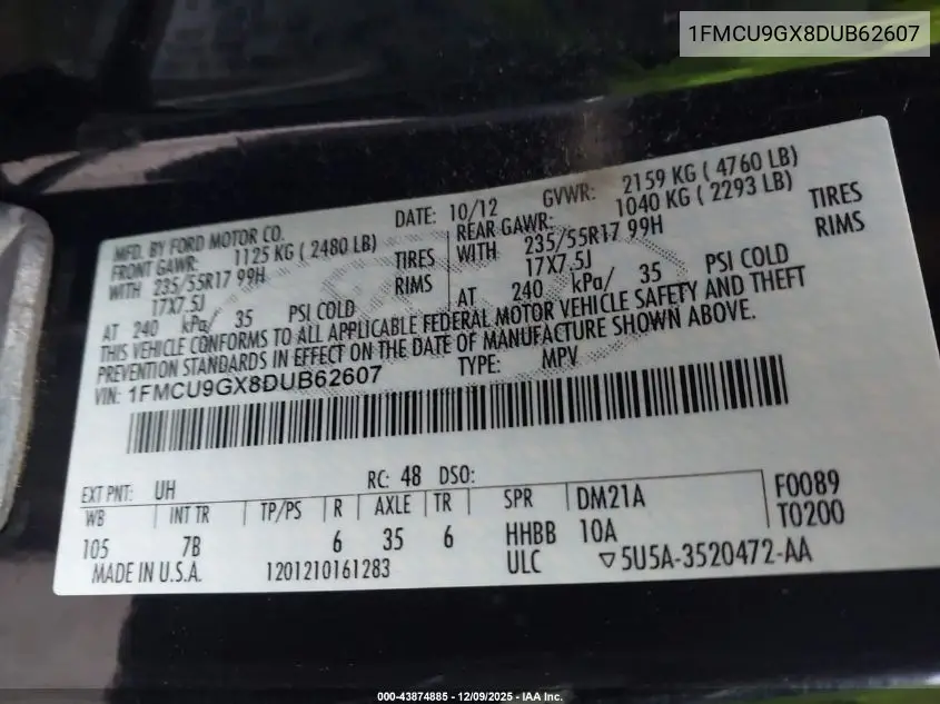 1FMCU9GX8DUB62607 2013 Ford Escape Se