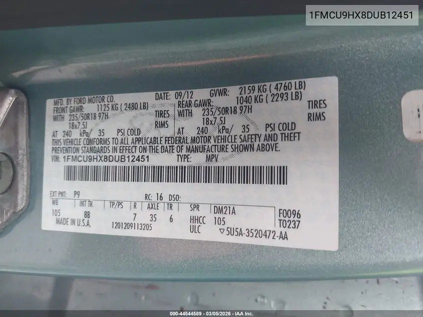 1FMCU9HX8DUB12451 2013 Ford Escape Sel