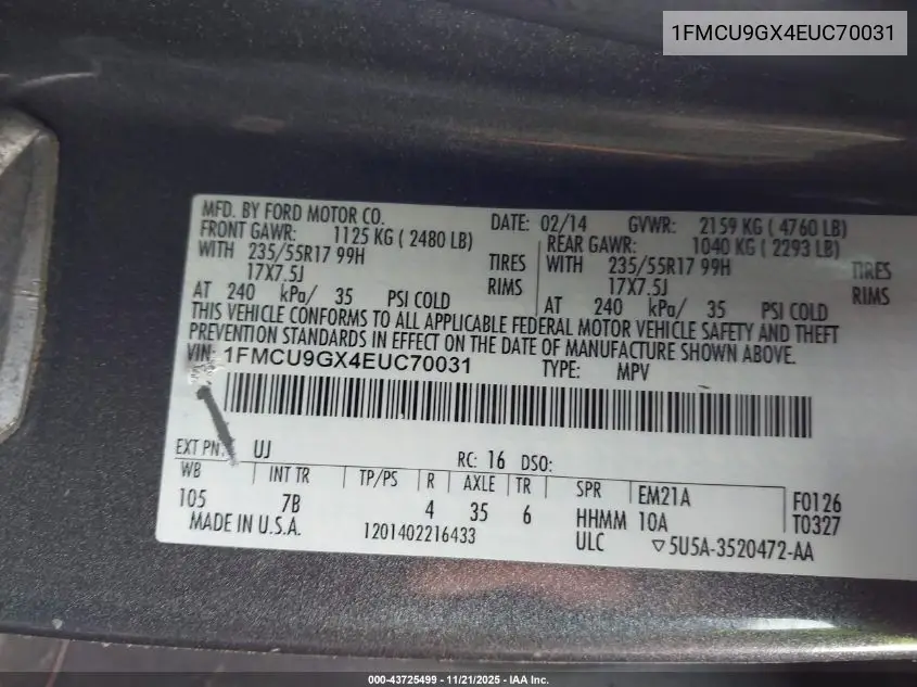 1FMCU9GX4EUC70031 2014 Ford Escape Se