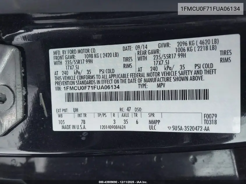 1FMCU0F71FUA06134 2015 Ford Escape S