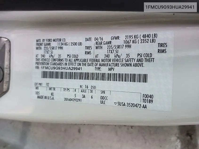 1FMCU9G93HUA29941 2017 Ford Escape Se