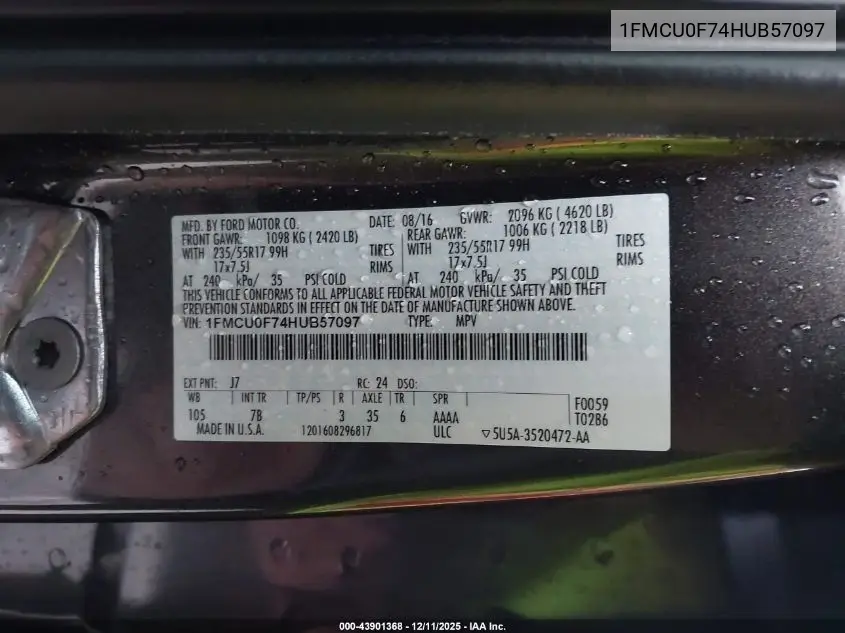 1FMCU0F74HUB57097 2017 Ford Escape S
