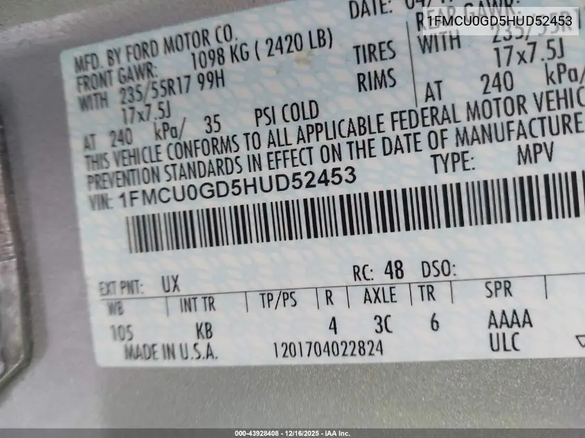 1FMCU0GD5HUD52453 2017 Ford Escape Se