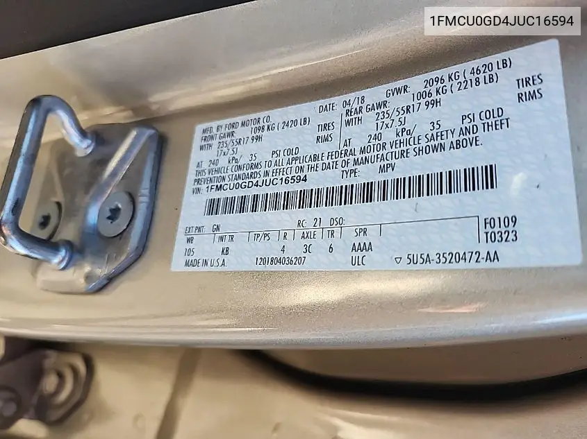 1FMCU0GD4JUC16594 2018 Ford Escape Se