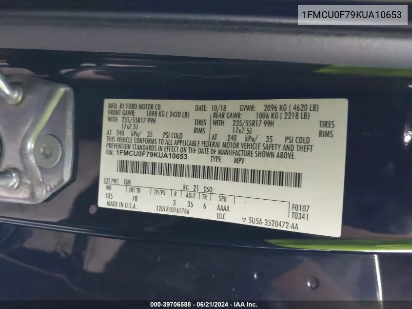 1FMCU0F79KUA10653 2019 Ford Escape S