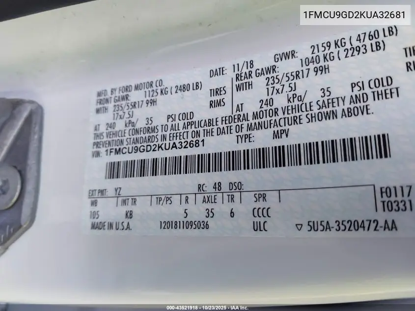 1FMCU9GD2KUA32681 2019 Ford Escape Se