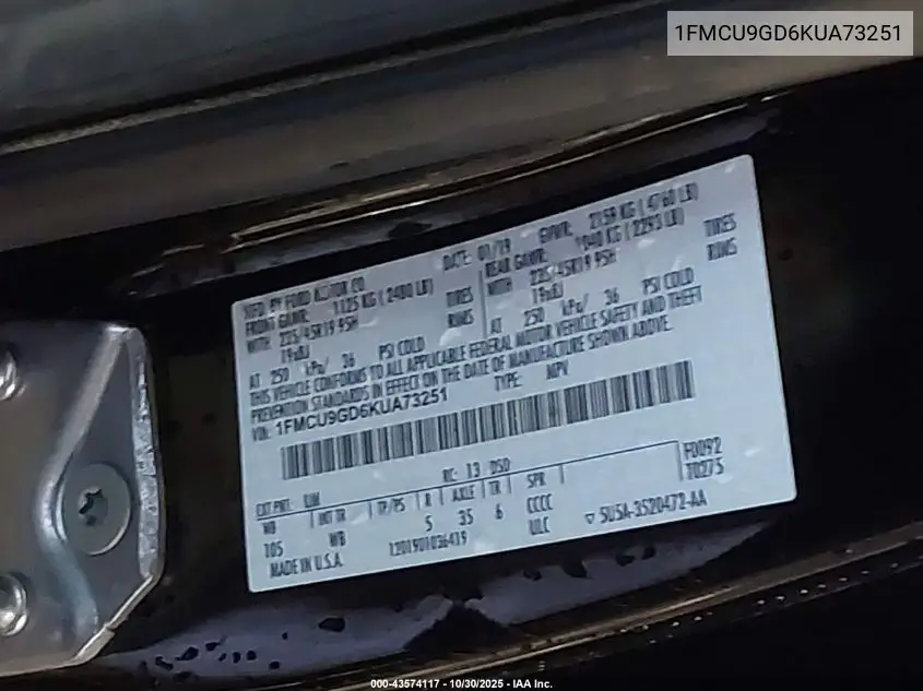 1FMCU9GD6KUA73251 2019 Ford Escape Se