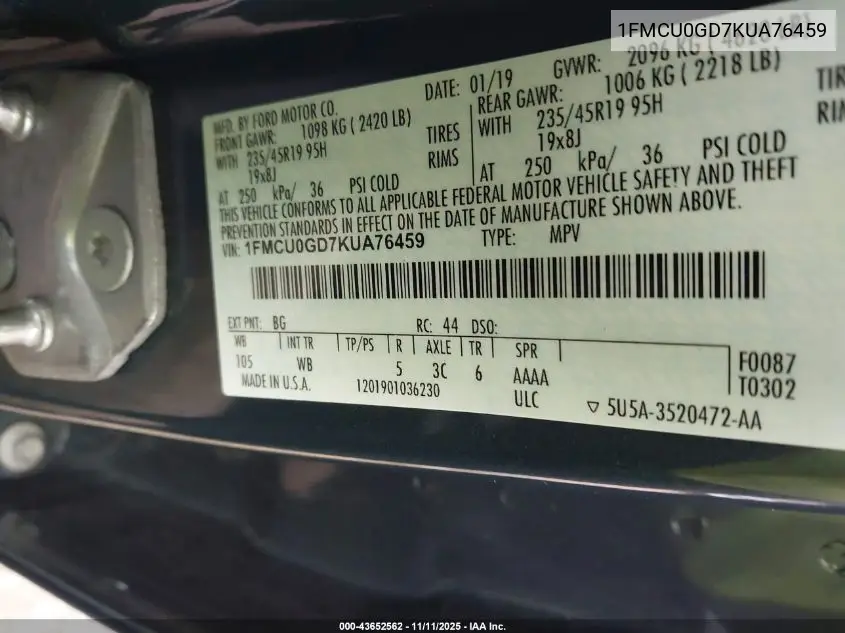 1FMCU0GD7KUA76459 2019 Ford Escape Se