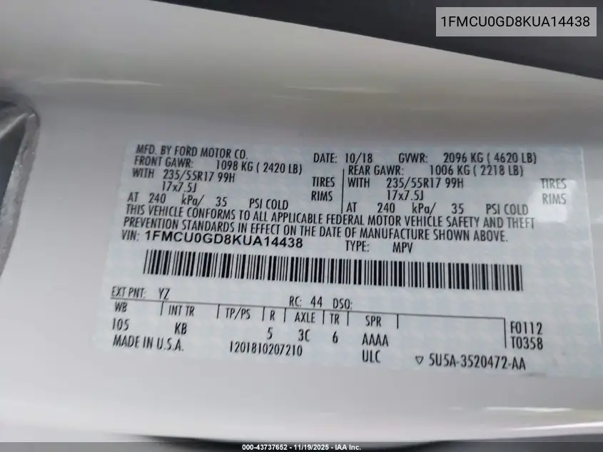 1FMCU0GD8KUA14438 2019 Ford Escape Se