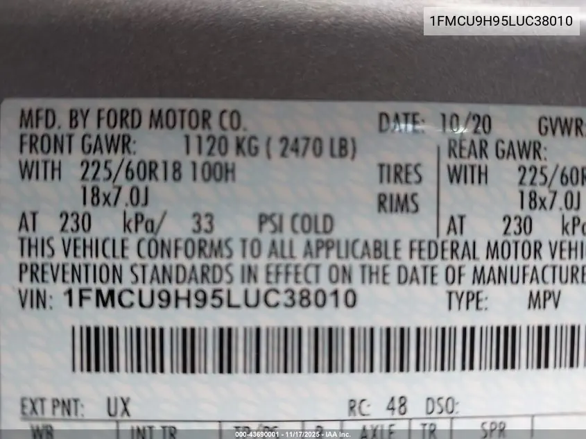 1FMCU9H95LUC38010 2020 Ford Escape Sel