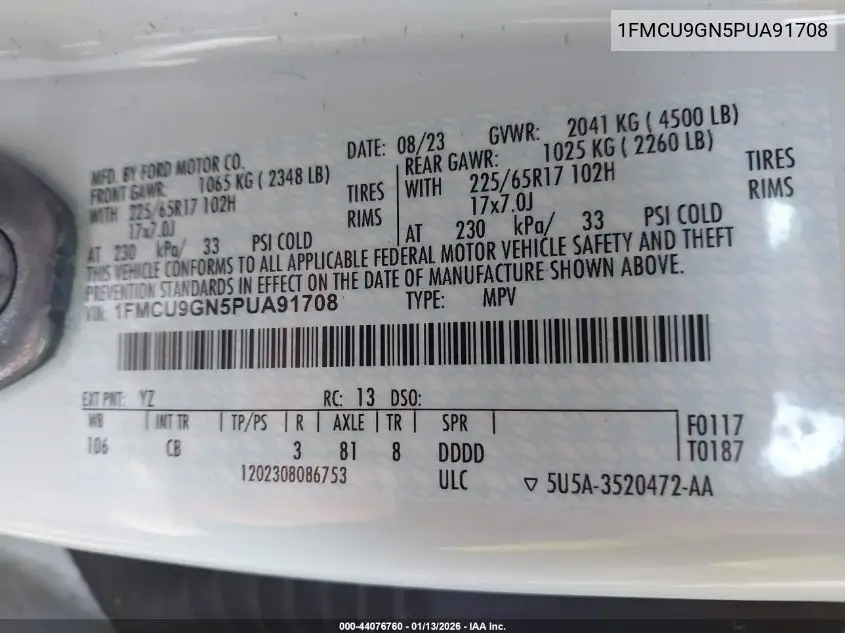 1FMCU9GN5PUA91708 2023 Ford Escape Active