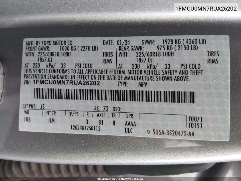 1FMCU0MN7RUA26202 2024 Ford Escape St-Line