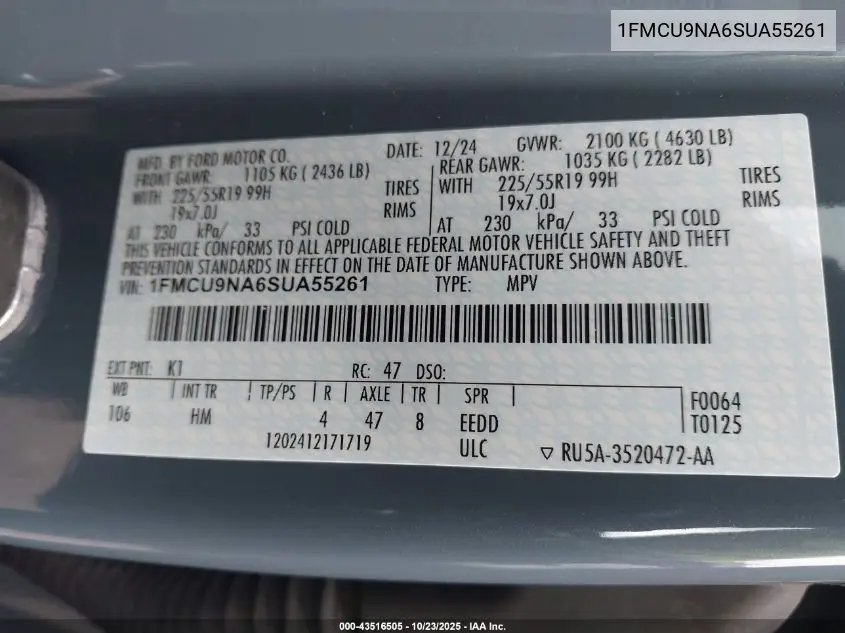 1FMCU9NA6SUA55261 2025 Ford Escape St-Line Select