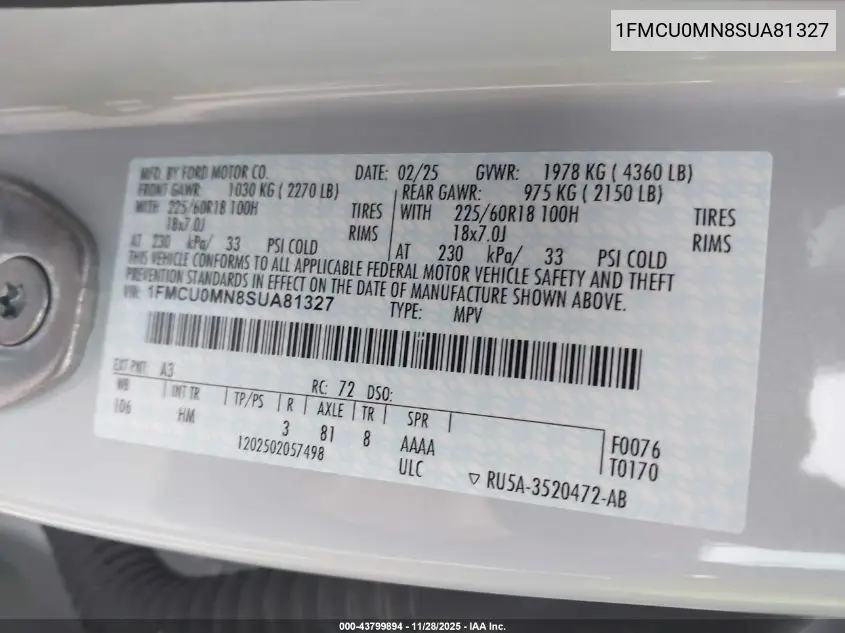 1FMCU0MN8SUA81327 2025 Ford Escape St-Line