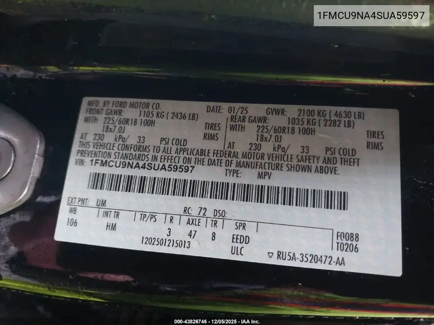 1FMCU9NA4SUA59597 2025 Ford Escape St-Line Select