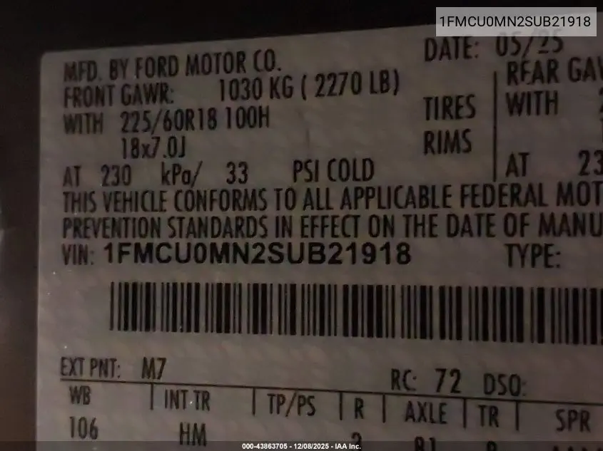 1FMCU0MN2SUB21918 2025 Ford Escape St-Line