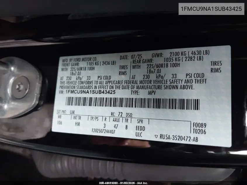1FMCU9NA1SUB43425 2025 Ford Escape St-Line Select