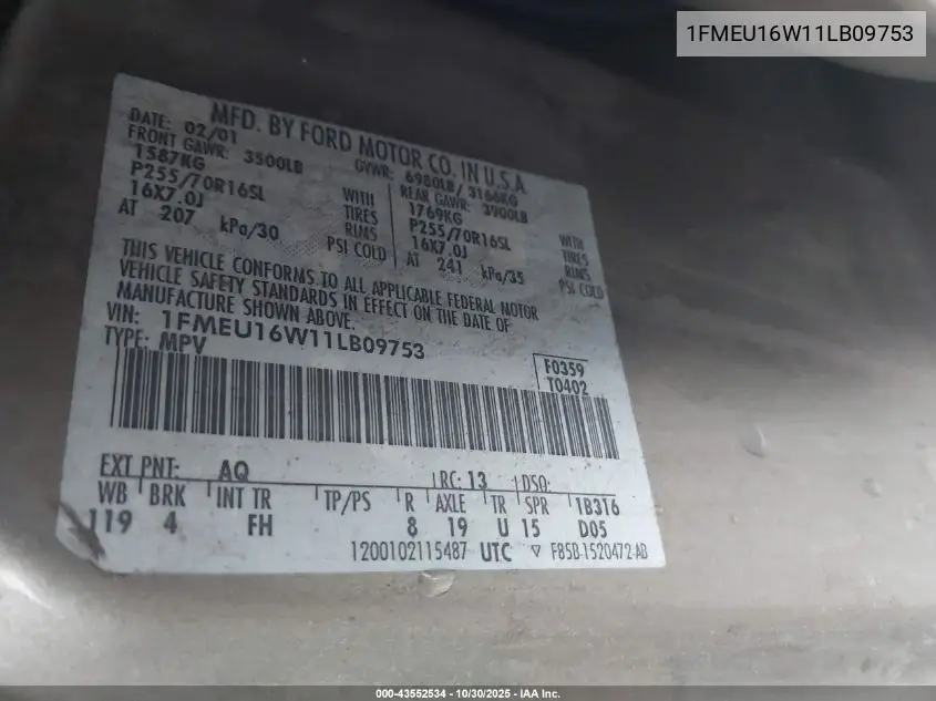 1FMEU16W11LB09753 2001 Ford Expedition Xlt