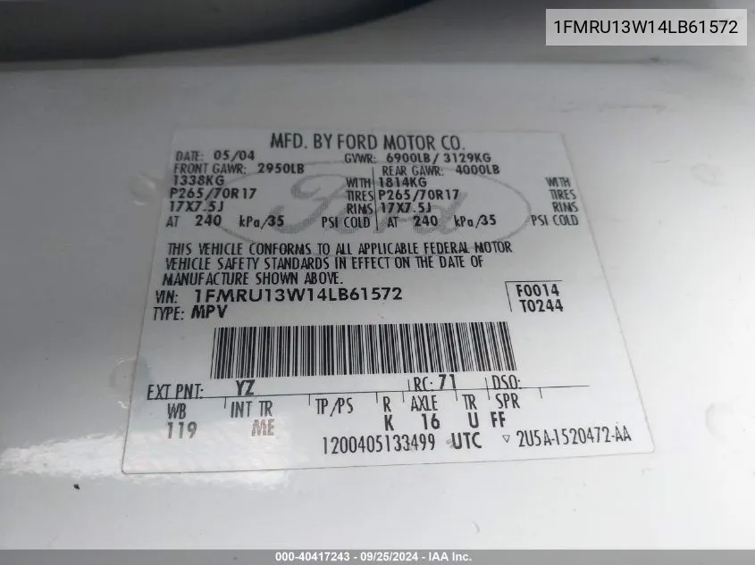 1FMRU13W14LB61572 2004 Ford Expedition Xls