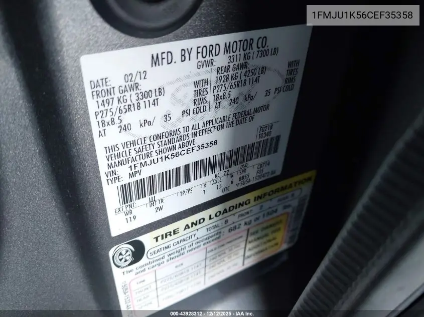 1FMJU1K56CEF35358 2012 Ford Expedition Limited