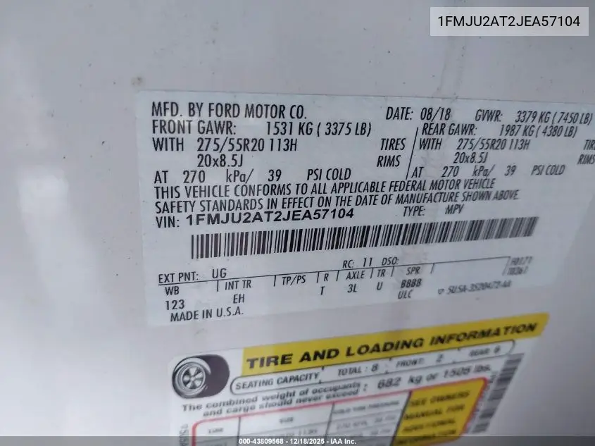 1FMJU2AT2JEA57104 2018 Ford Expedition Limited