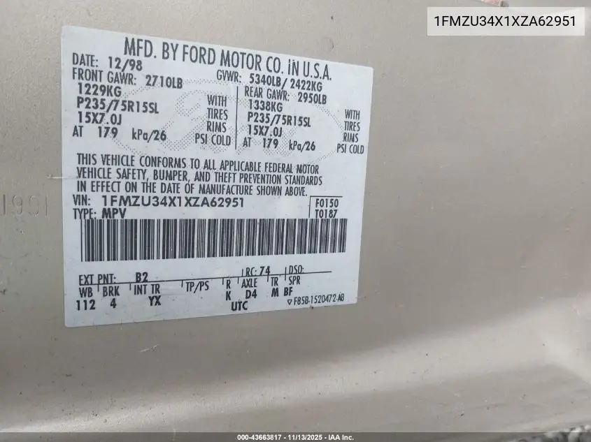 1FMZU34X1XZA62951 1999 Ford Explorer Xl/Xlt