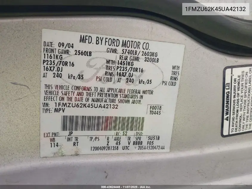 1FMZU62K45UA42132 2005 Ford Explorer Xls/Xls Sport