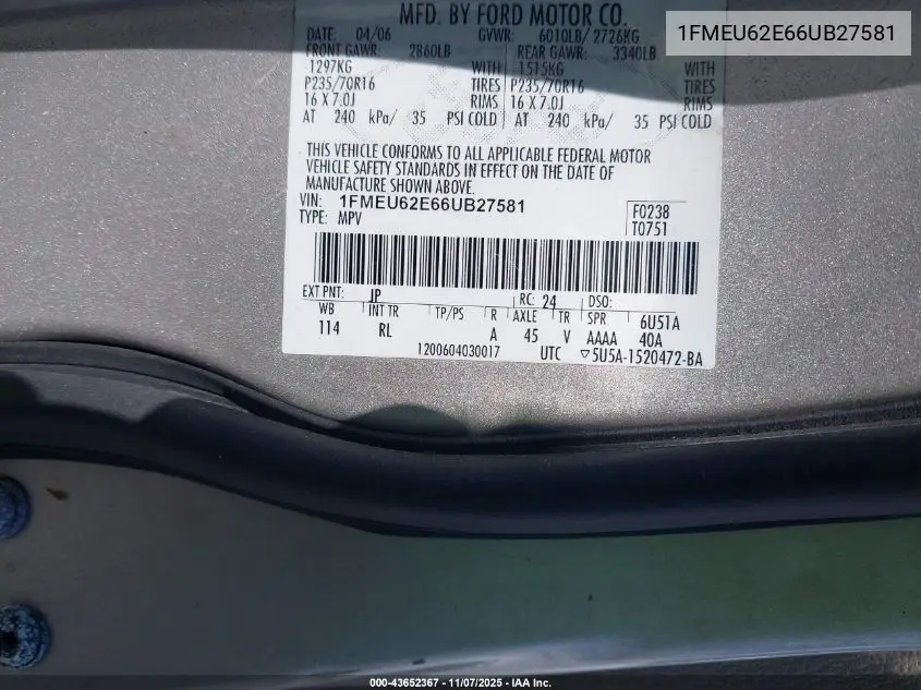 1FMEU62E66UB27581 2006 Ford Explorer Xls