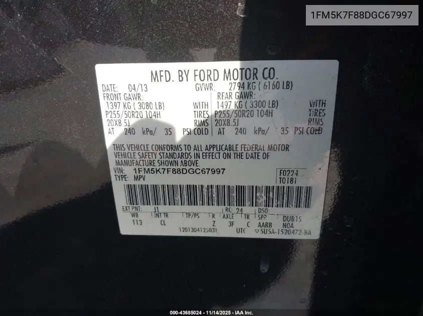 1FM5K7F88DGC67997 2013 Ford Explorer Limited