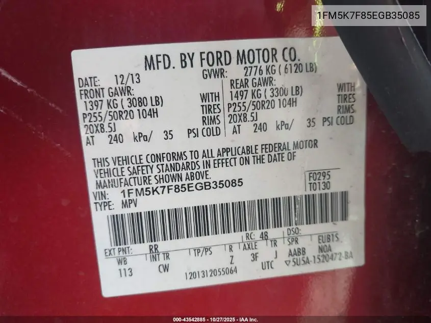 1FM5K7F85EGB35085 2014 Ford Explorer Limited