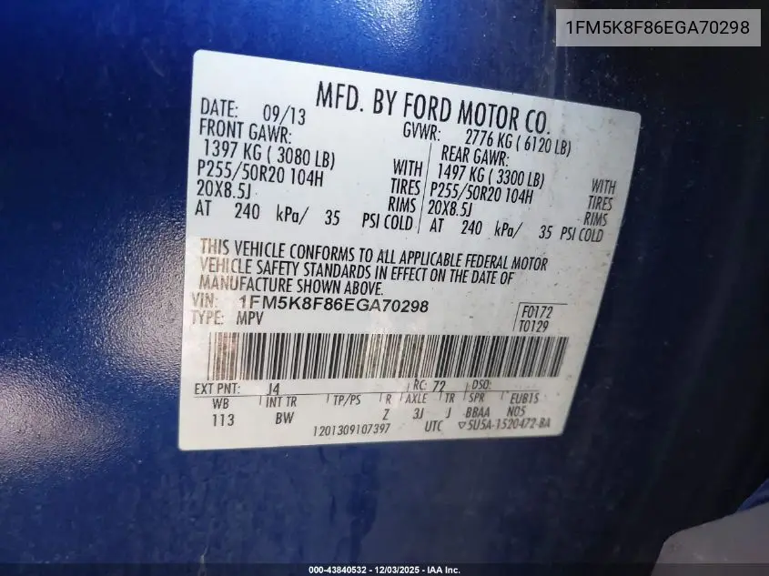 1FM5K8F86EGA70298 2014 Ford Explorer Limited