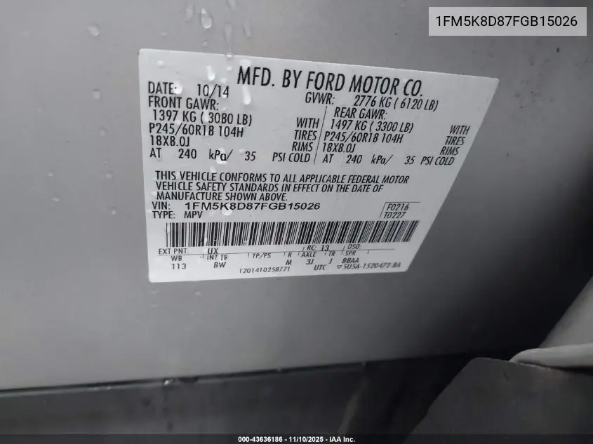 1FM5K8D87FGB15026 2015 Ford Explorer Xlt