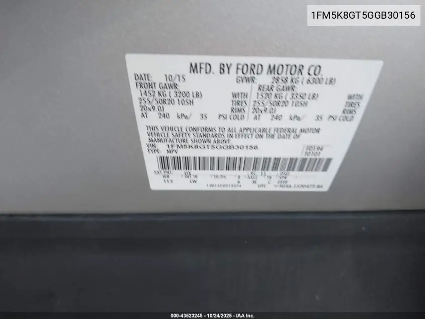 1FM5K8GT5GGB30156 2016 Ford Explorer Sport