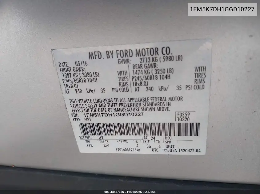 1FM5K7DH1GGD10227 2016 Ford Explorer Xlt