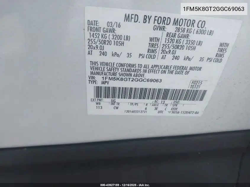 1FM5K8GT2GGC69063 2016 Ford Explorer Sport