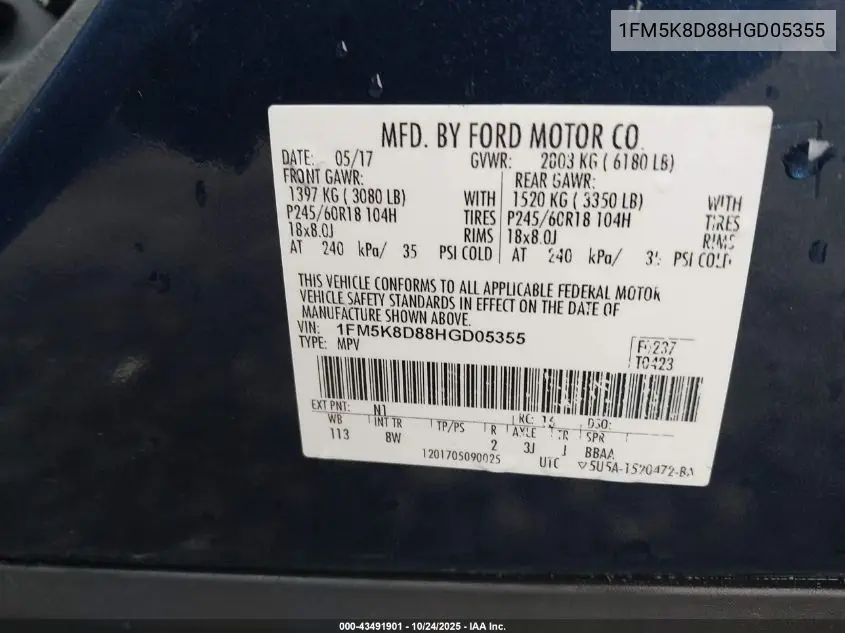 1FM5K8D88HGD05355 2017 Ford Explorer Xlt