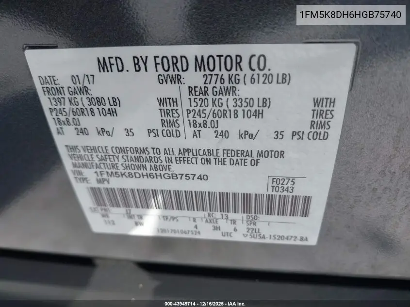 1FM5K8DH6HGB75740 2017 Ford Explorer Xlt