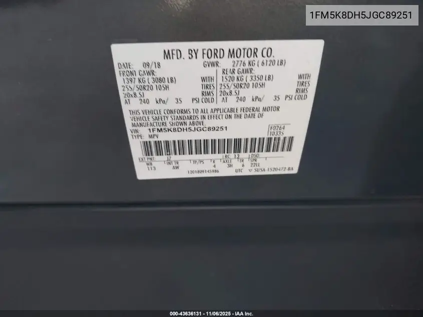 1FM5K8DH5JGC89251 2018 Ford Explorer Xlt