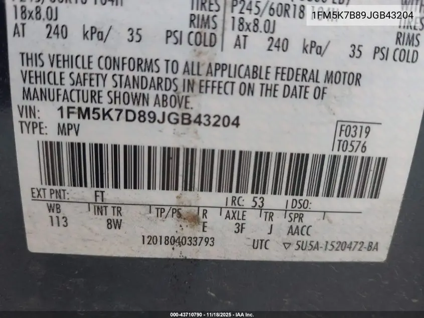 1FM5K7D89JGB43204 2018 Ford Explorer Xlt