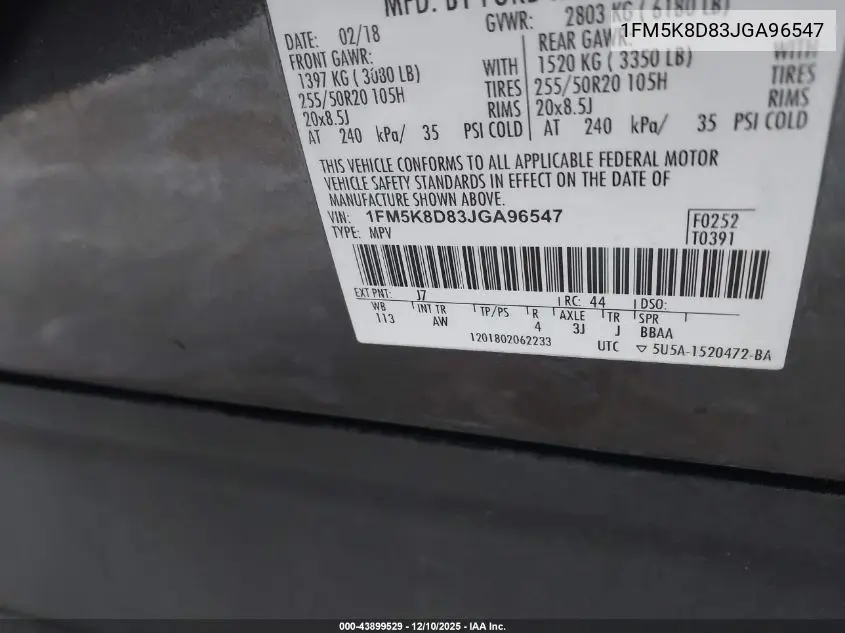 1FM5K8D83JGA96547 2018 Ford Explorer Xlt