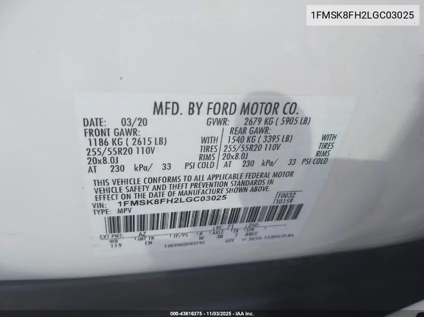 1FMSK8FH2LGC03025 2020 Ford Explorer Limited