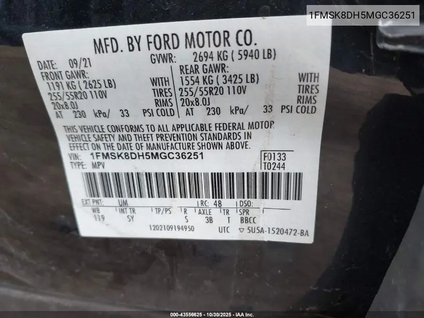 1FMSK8DH5MGC36251 2021 Ford Explorer Xlt
