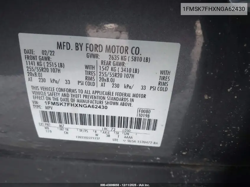 1FMSK7FHXNGA62430 2022 Ford Explorer Limited