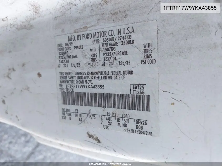 1FTRF17W9YKA43855 2000 Ford F-150 Work Series/Xl/Xlt
