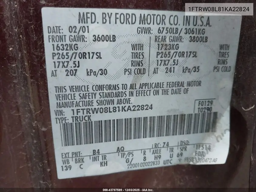 1FTRW08L81KA22824 2001 Ford F-150 Supercrew King Ranch/Lariat/Xlt