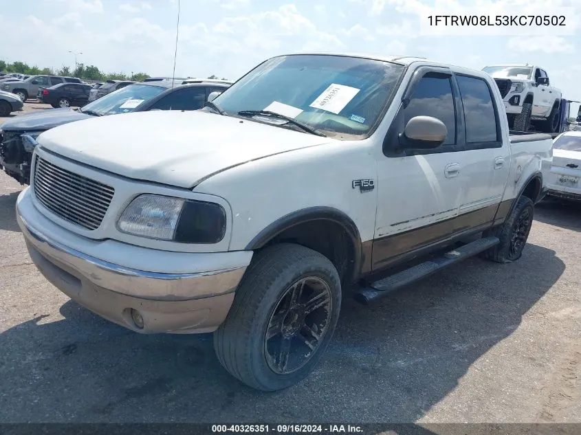 2003 Ford F-150 Lariat/Xlt VIN: 1FTRW08L53KC70502 Lot: 40326351